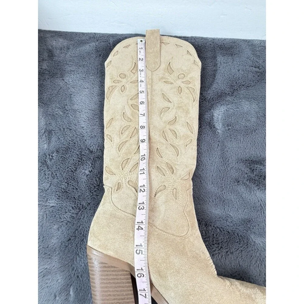 ISNOM Women’s Size 7 Beige Suede Western Cowboy Boots Cutout Floral Knee High